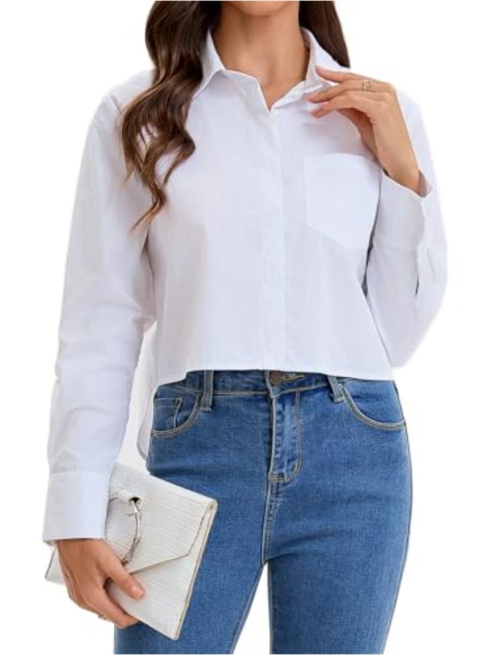 Womens Cropped Button Down Shirt 100% Cotton Long Sleeve Blouse